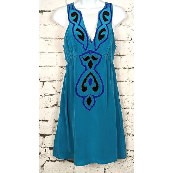 TIBI 100% Silk Dress Embroidered Designer Fit Flare Boho Cottage Classic Size 4 - Picture 1 of 6